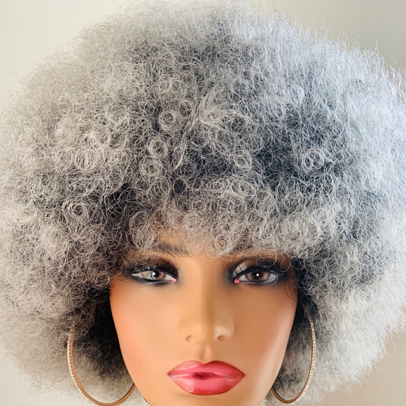 Grey/Black Kinky Curly Synthetic Afro Wig - Picture 5 of 11